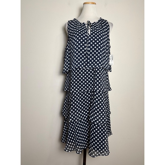 Roz & Ali Dresses & Skirts - Roz & Ali Navy White Polka Dot Tiered Ruffle Dress 16 Wedding Cocktail Occasion